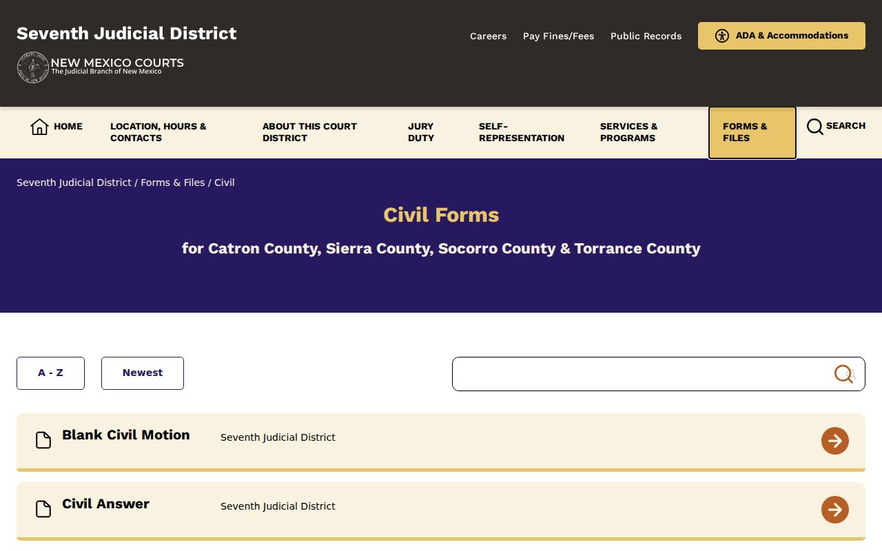 Sierra County civil docket forms index for District Court civil records