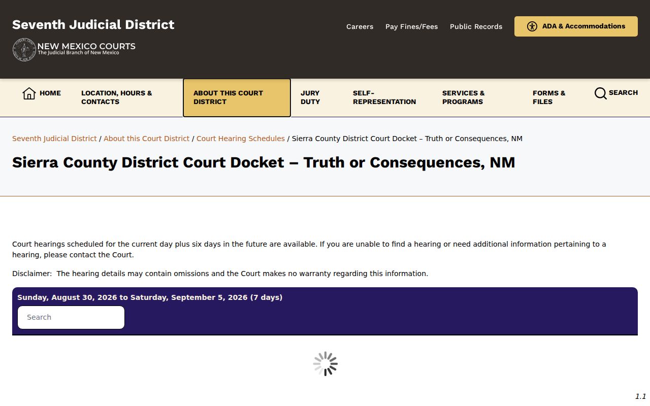 Sierra County court calendar for the Seventh Judicial District Court docket