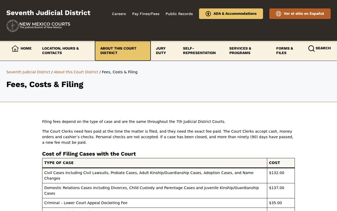 Sierra County court records Seventh Judicial District fee schedule